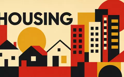 UDR Inc. (US9029011082) symbolisiert den Wohnimmobiliensektor als farbiges geometrisches Bauhaus-Poster mit stilisierten Häusern - Foto: THN