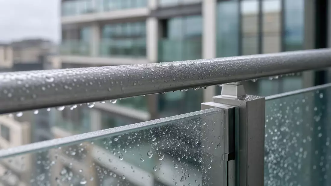 Makroaufnahme einer nassen Balkongeländer-Kante aus Metall und Glas vor Gebäudefassade