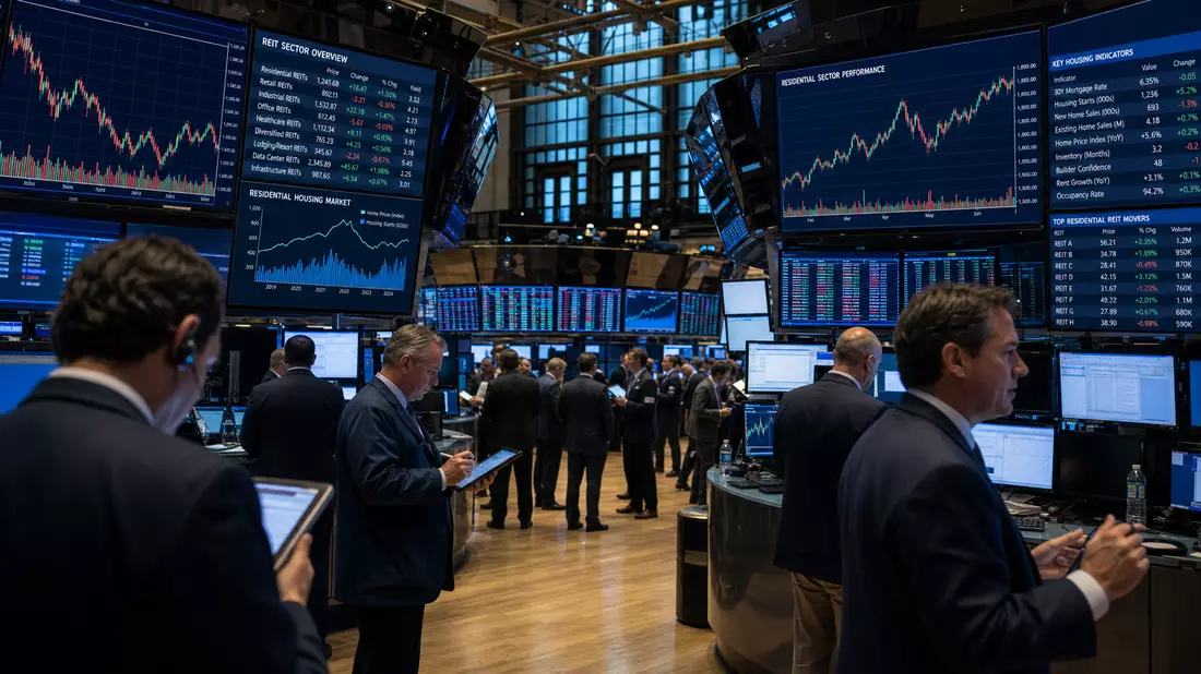 Börsen-Editorialfoto vom NYSE-Handelssaal mit Displays zu Wohnimmobilien-Sektordaten
