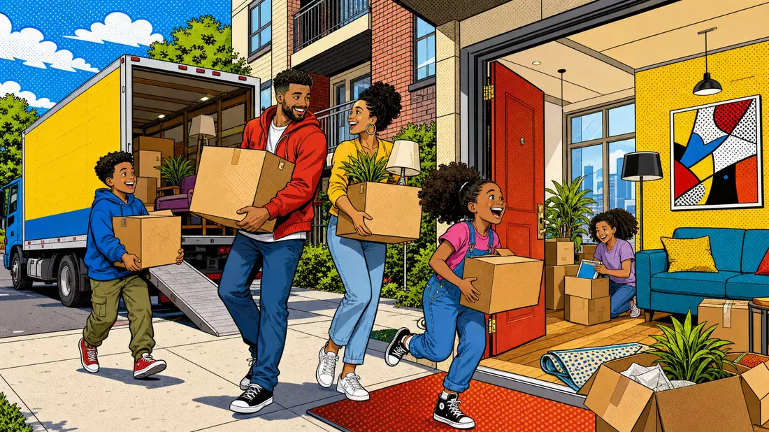 Pop-Art-Comic einer fröhlichen Familie beim Einzug in eine moderne Apartmentwohnung