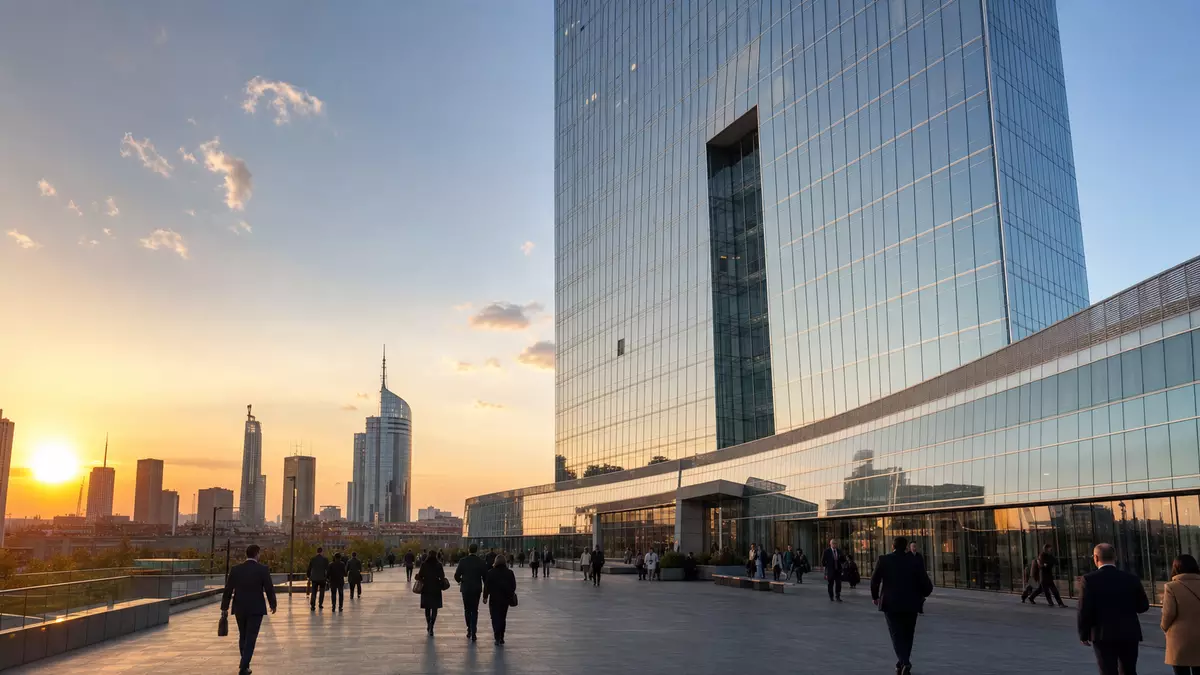 Fotorealistisches Bankgebäude in Mailand bei Sonnenuntergang, Symbolbild für UniCredit S.p.A