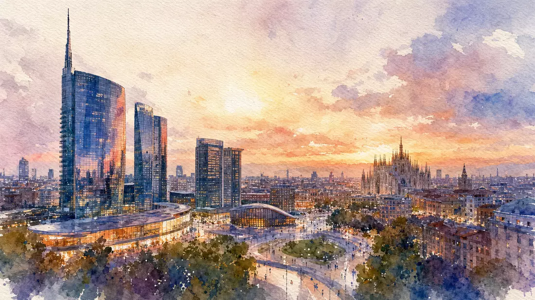 Aquarellbild der Skyline von Mailand mit Türmen und Dom bei Sonnenuntergang