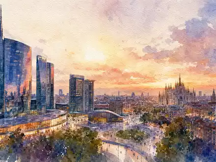 Aquarellmalerei der MailÀnder Skyline bei DÀmmerung reprÀsentiert UniCredit S.p.A., Aktie ISIN IT0004781412, Italien - Foto: THN
