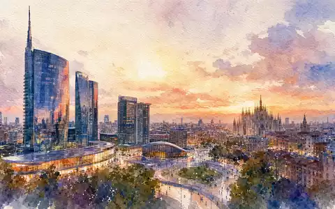 Aquarellmalerei der Mailänder Skyline bei Dämmerung repräsentiert UniCredit S.p.A., Aktie ISIN IT0004781412, Italien - Foto: THN