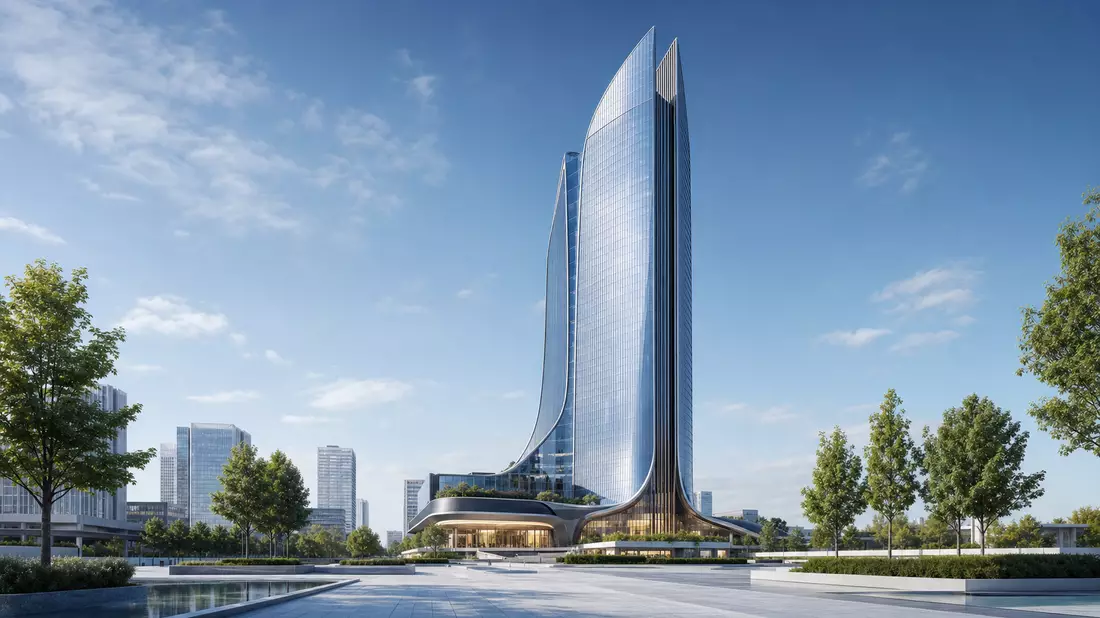 3D-Architekturvisualisierung eines modernen gläsernen Bürohochhauses mit Platz davor