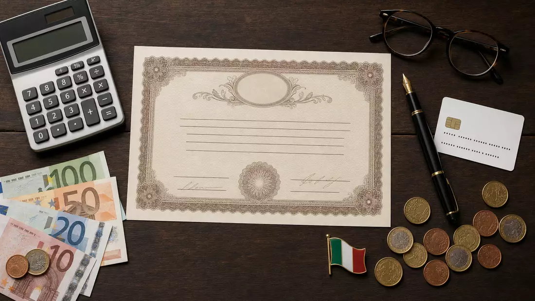Flatlay aus Aktienzertifikat, Bankkarte, Euro-Banknoten und Münzen auf Holztisch
