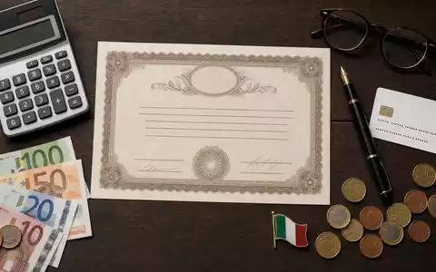 Flatlay mit Aktienzertifikat, ISIN-Karte und Euro-Bargeld illustriert eine Kapitalanlage in UniCredit S.p.A., ISIN IT0004781412, Italien - Foto: THN