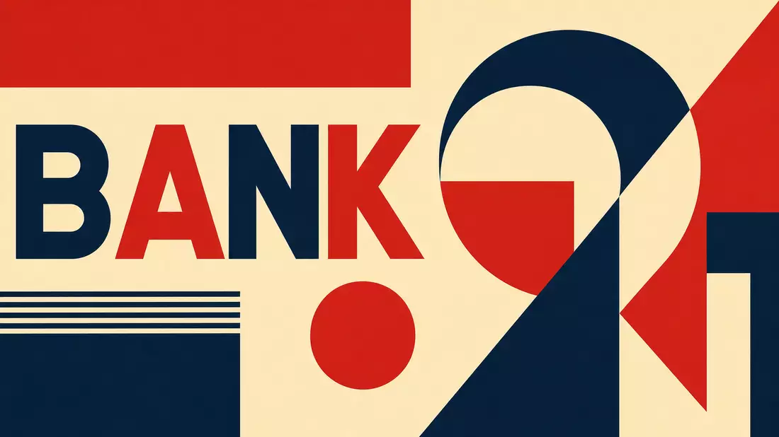 Geometrisches Bauhaus-Poster in Rot, Blau und Creme mit dem Wort BANK