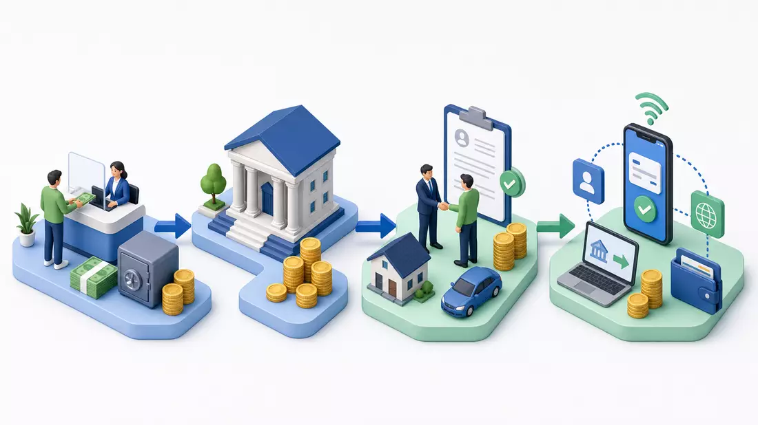 Isometrische Illustration einer Bankwertschöpfungskette von Einzahlung bis digitalem Banking