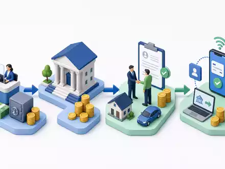 Isometrische 3D-Grafik der Bank-Wertschöpfungskette veranschaulicht Geschäftsprozesse von UniCredit S.p.A., Aktie ISIN IT0004781412, Finanzdienstleistungen Italien - Foto: THN
