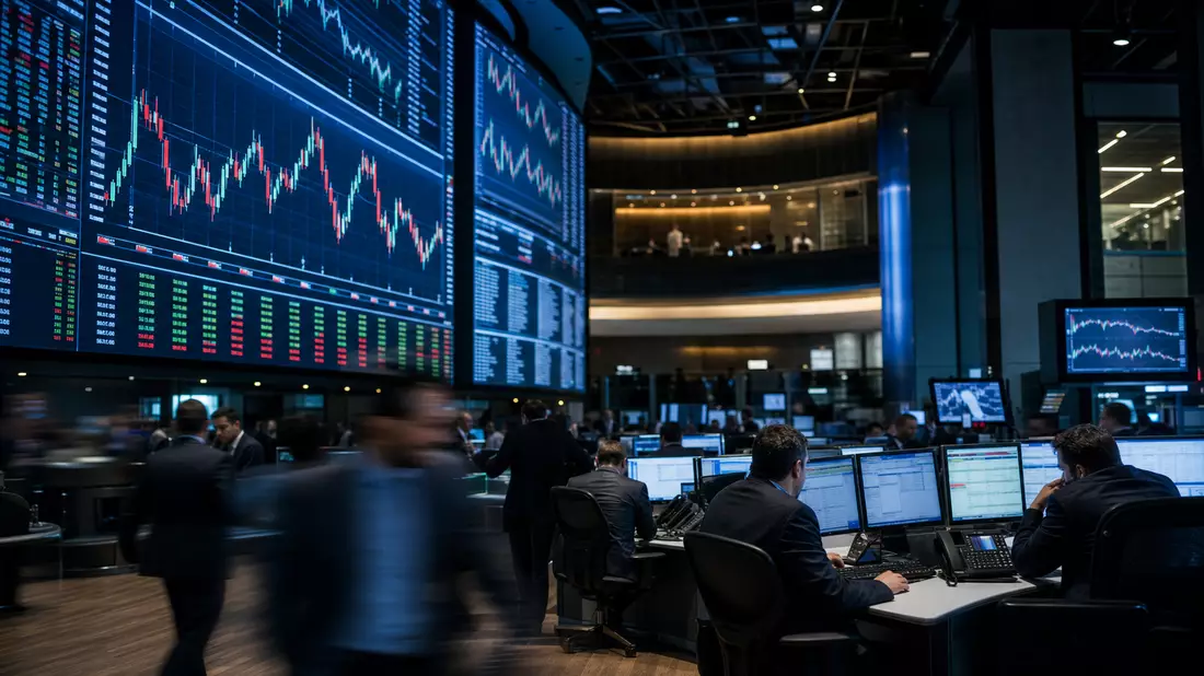 Trading-Floor mit großen Kursbildschirmen und Händlern in Anzügen bei Nacht