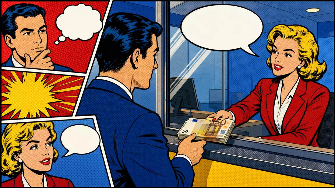Bunte Pop-Art-Comicszene an einem Bankschalter mit Kunde und Bankangestellter
