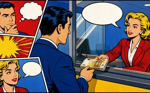 Pop-Art-Comic einer Bankschalter-Szene mit Euro-Geldschein präsentiert humorvoll UniCredit S.p.A., Aktie ISIN IT0004781412, Bankensektor Italien - Foto: THN