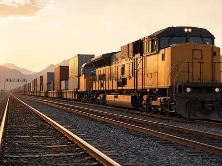 Fotorealistischer Güterzug bei Sonnenuntergang symbolisiert Union Pacific Corp, Aktie ISIN US9078181084, Schienenlogistik in der Wüste - Foto: THN