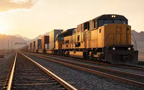 Fotorealistischer GĂŒterzug bei Sonnenuntergang symbolisiert Union Pacific Corp, Aktie ISIN US9078181084, Schienenlogistik in der WĂŒste - Foto: THN
