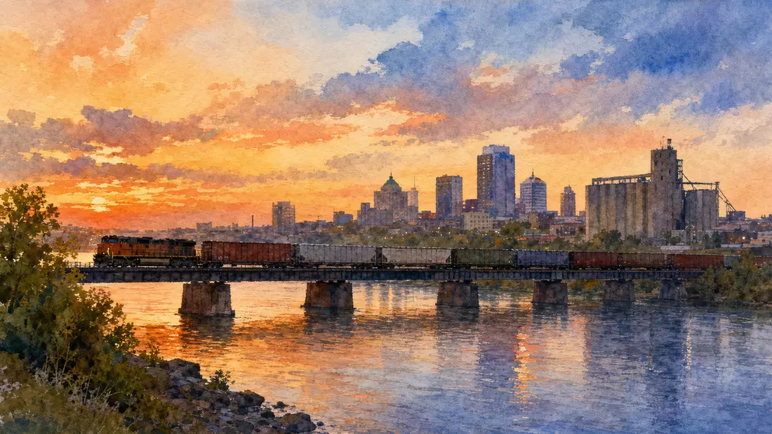 Aquarellbild einer Skyline bei Sonnenuntergang mit Güterzug auf einer Flussbrücke
