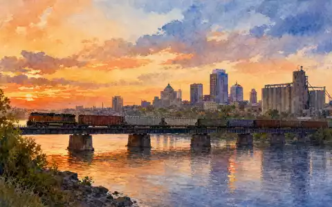 Aquarellmalerei einer Stadtsilhouette mit Güterzug repräsentiert Union Pacific Corp, ISIN US9078181084, amerikanische Eisenbahngesellschaft am Fluss - Foto: THN