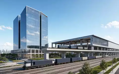 Architektur-Render eines Bürohochhauses mit Bahnanlage steht für Union Pacific Corp, ISIN US9078181084, moderne Logistik-Infrastruktur - Foto: THN