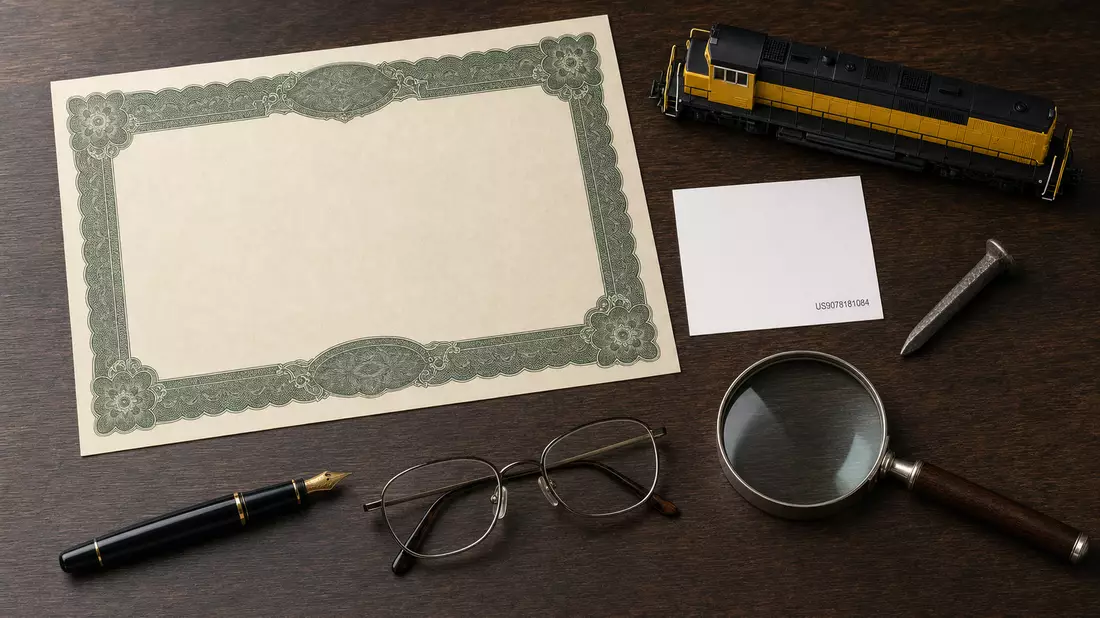 Flatlay aus Aktienzertifikat, ISIN-Karte, Lokomotiven-Modell, Lupe und Schreibfeder