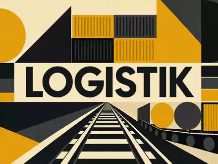Bauhaus-Poster mit geometrischen Formen und Text LOGISTIK vertritt Union Pacific Corp, ISIN US9078181084, Schienengüterverkehr-Branche visuell - Foto: THN