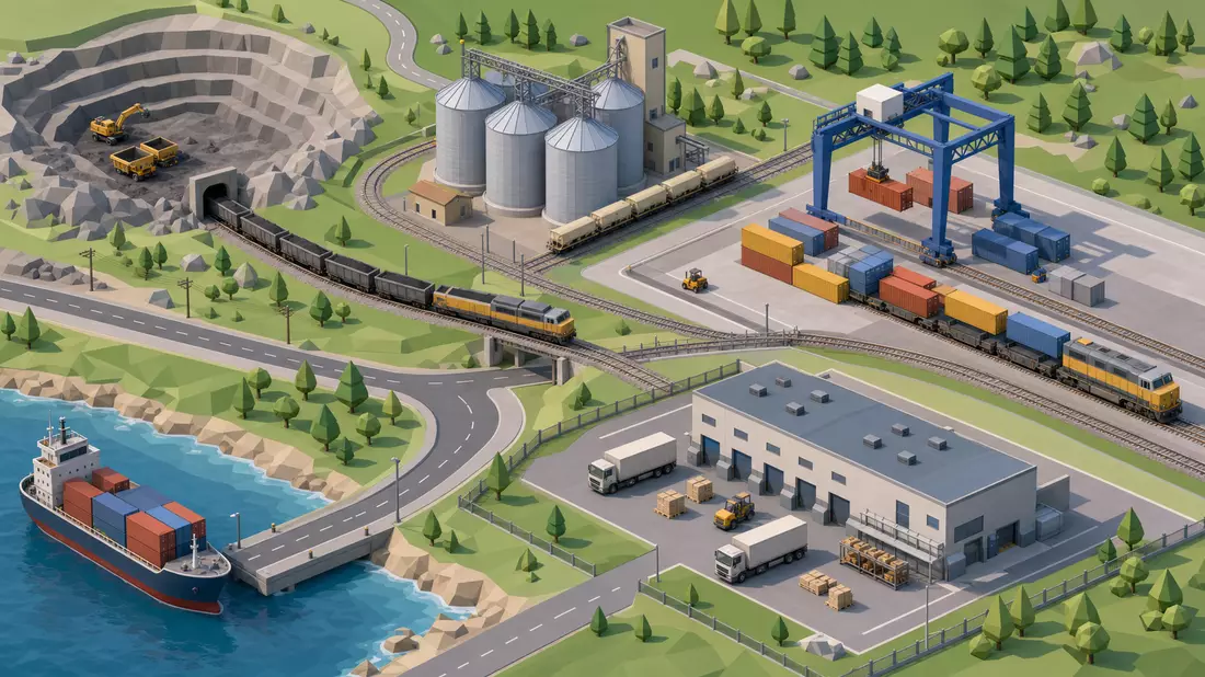 Isometrische Grafik einer Logistikkette mit Mine, Silo, Terminal und Lager