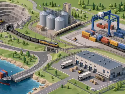Isometrische 3D-Illustration einer Logistikkette zeigt Union Pacific Corp, ISIN US9078181084, von Mine bis Vertriebslager anschaulich - Foto: THN