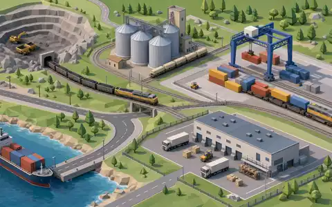 Isometrische 3D-Illustration einer Logistikkette zeigt Union Pacific Corp, ISIN US9078181084, von Mine bis Vertriebslager anschaulich - Foto: THN