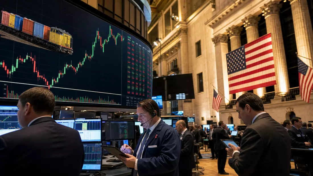 Trader im NYSE-Handelssaal vor Bildschirm mit Kursdiagramm und Güterzug-Symbol