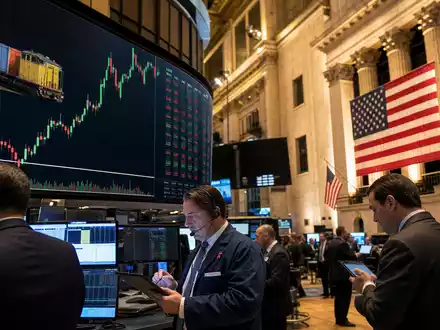 Börsen-Editorialfoto vom NYSE-Handelssaal mit Güterzug-Chart repräsentiert Union Pacific Corp, ISIN US9078181084, an der Börse - Foto: THN