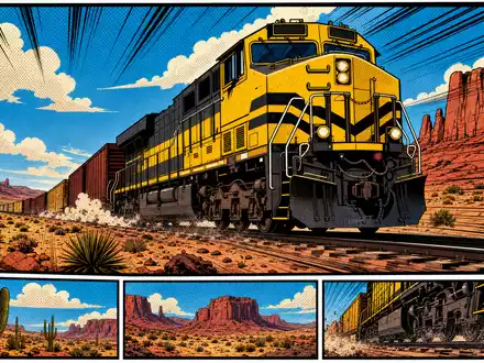 Pop-Art-Comicszene mit rasendem Güterzug in Wüstenlandschaft illustriert Union Pacific Corp, ISIN US9078181084, dynamisch und farbenfroh - Foto: THN