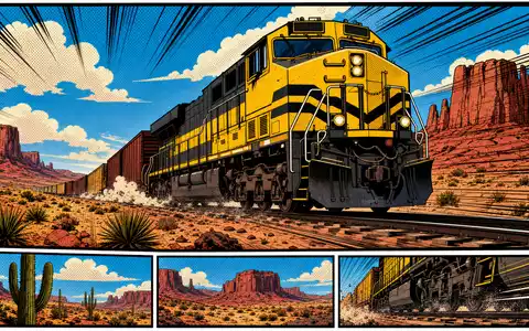 Pop-Art-Comicszene mit rasendem Güterzug in Wüstenlandschaft illustriert Union Pacific Corp, ISIN US9078181084, dynamisch und farbenfroh - Foto: THN