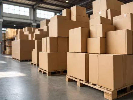 Packaging Corp of America (US6951561022): fotorealistische Stapel unbeschrifteter brauner Wellpappe-Kartons in einem Lagerhaus - Foto: THN