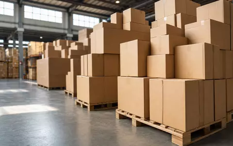 Packaging Corp of America (US6951561022): fotorealistische Stapel unbeschrifteter brauner Wellpappe-Kartons in einem Lagerhaus - Foto: THN