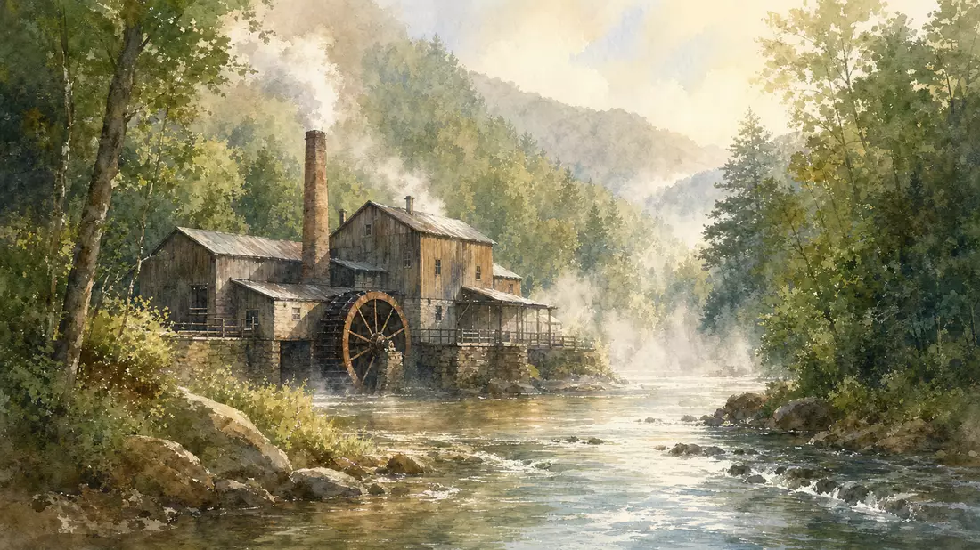 Aquarellbild einer Papierfabrik an einem Fluss inmitten einer grünen Waldlandschaft mit Morgennebel
