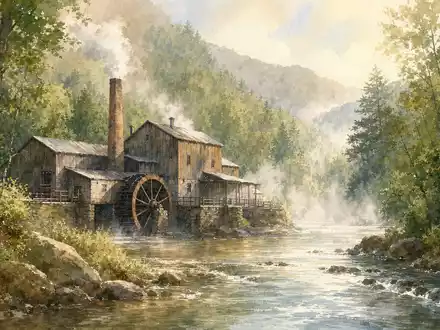 Packaging Corp of America (US6951561022): Aquarellmalerei einer Papierfabrik eingebettet in eine grĂŒne Waldlandschaft am Fluss - Foto: THN