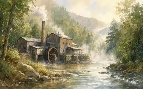 Packaging Corp of America (US6951561022): Aquarellmalerei einer Papierfabrik eingebettet in eine grüne Waldlandschaft am Fluss - Foto: THN
