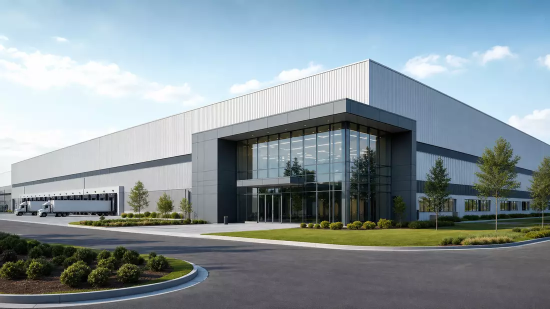 Architektur-Render eines modernen Verpackungswerks mit Metallfassade und Glaseingang