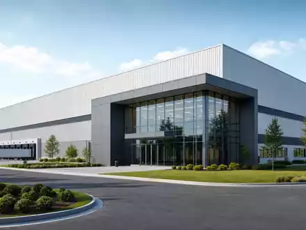 Packaging Corp of America (US6951561022): modernes Architektur-Rendering eines unbeschrifteten Verpackungswerks mit Glasfassade - Foto: THN