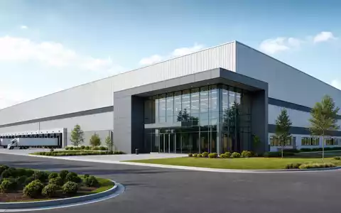Packaging Corp of America (US6951561022): modernes Architektur-Rendering eines unbeschrifteten Verpackungswerks mit Glasfassade - Foto: THN