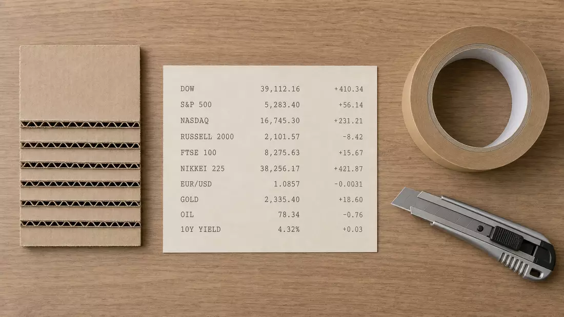 Overhead-Flatlay mit Finanzkarte, Wellpappe-Muster, brauner Klebebandrolle und Cutter auf Holztisch