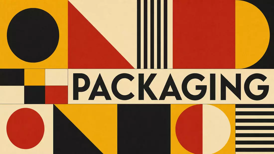 Bauhaus-Poster mit geometrischen Formen in Gelb, Rot und Schwarz und dem Schriftzug PACKAGING