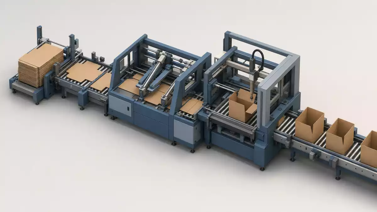 Isometrische 3D-Illustration einer industriellen Karton-Falt- und Klebemaschine mit Förderrollen