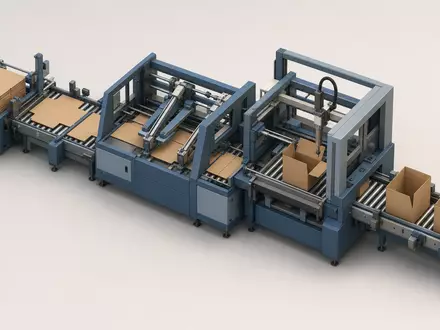 Packaging Corp of America (US6951561022): isometrisches 3D-Rendering einer Karton-Faltmaschine in einer Produktionslinie - Foto: THN