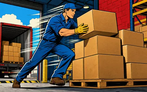 Packaging Corp of America (US6951561022): Pop-Art-Comic-Illustration eines Arbeiters beim Stapeln unbeschrifteter Kartons - Foto: THN