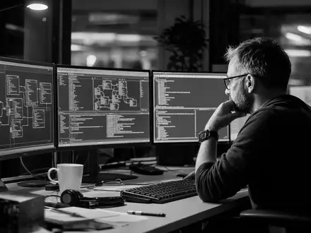 Oracle Corporation US68389X1054 dargestellt als Schwarz-Weiß-Reportagefoto eines konzentrierten Datenbank-Administrators bei nächtlicher Bildschirmarbeit im Büro - Foto: THN