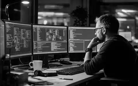 Oracle Corporation US68389X1054 dargestellt als Schwarz-Weiß-Reportagefoto eines konzentrierten Datenbank-Administrators bei nächtlicher Bildschirmarbeit im Büro - Foto: THN