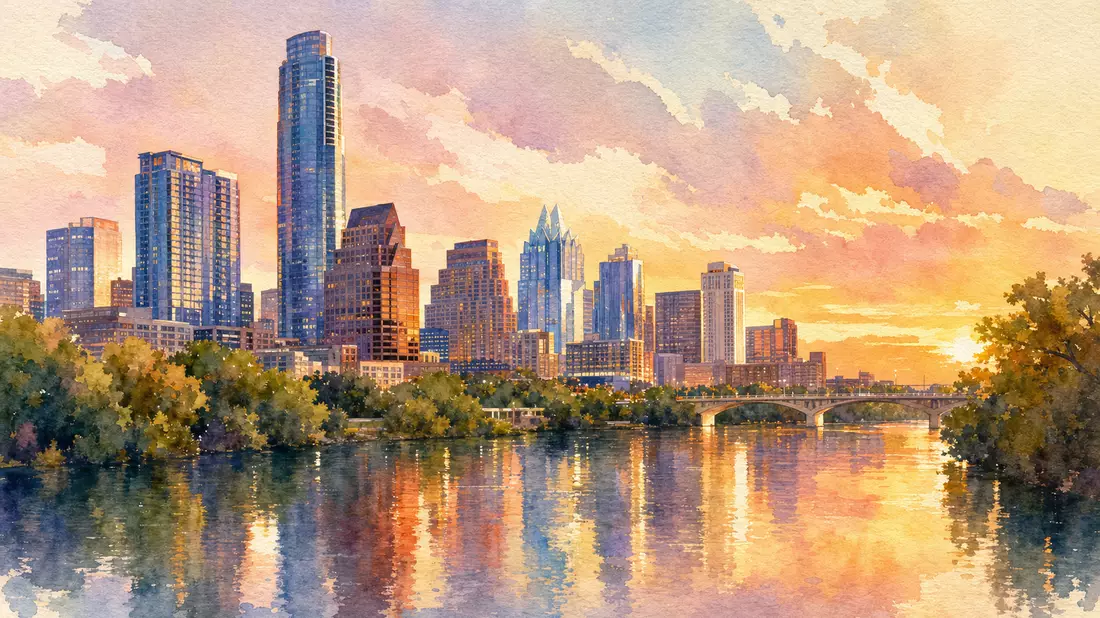 Aquarellmalerei der Austin Texas Skyline mit Fluss und warmem Abendlicht