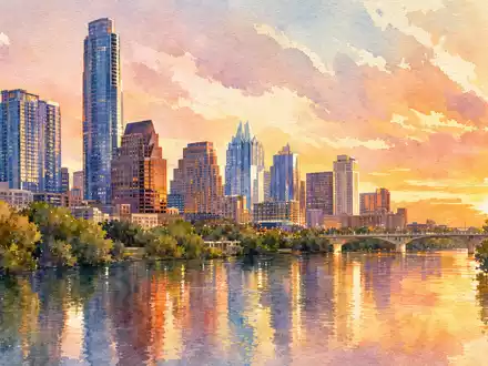 Oracle Corporation US68389X1054 symbolisiert durch Aquarellmalerei der Skyline von Austin Texas bei Sonnenuntergang - Foto: THN