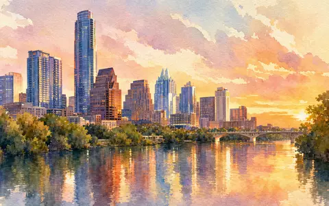 Oracle Corporation US68389X1054 symbolisiert durch Aquarellmalerei der Skyline von Austin Texas bei Sonnenuntergang - Foto: THN