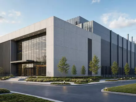 Oracle Corporation US68389X1054 illustriert durch präzises Architektur-Rendering eines modernen Rechenzentrumsgebäudes mit Glasfassade und Grünflächen - Foto: THN